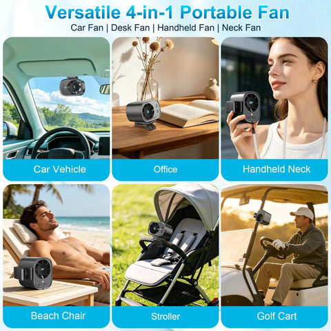Car Clip On Fan With LED Display shown in car, office, neck, beach chair, stroller, and golf cart use with 360 degree rotation.
