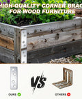Comparison of Heavy Duty Black Iron Shelf Brackets Set With Screws, 12 Pack Flat Straight Corner Braces, and rusty L-bracket on wood planter