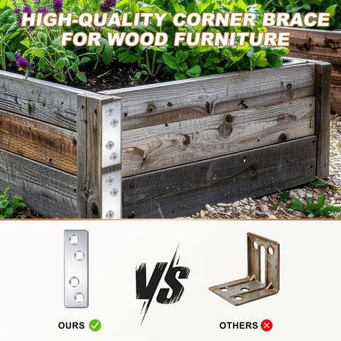 Comparison of Heavy Duty Black Iron Shelf Brackets Set With Screws, 12 Pack Flat Straight Corner Braces, and rusty L-bracket on wood planter