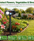 Deer Repellent Pack 4 With Solar Powered Ultrasonic Motion Sensor and LED Flashlight IP65 Waterproof Cat and Rabbit Deterrent for Outdoor Gardens and Yard No Go Zone Keeps Flowers Safe From Browsing Deer and Wildlife in flower bed