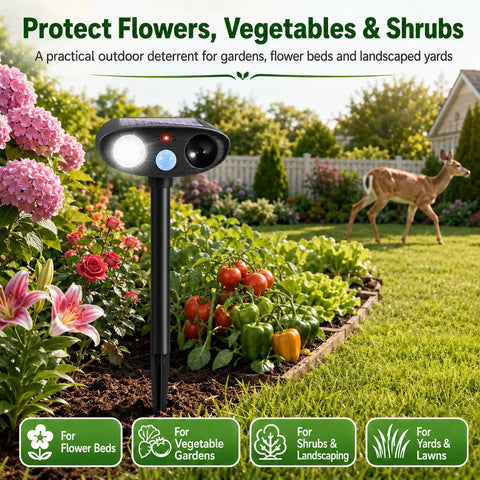 Deer Repellent Pack 4 With Solar Powered Ultrasonic Motion Sensor and LED Flashlight IP65 Waterproof Cat and Rabbit Deterrent for Outdoor Gardens and Yard No Go Zone Keeps Flowers Safe From Browsing Deer and Wildlife in flower bed
