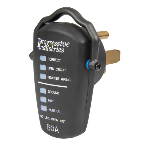 RRT-50 RV Receptacle Tester Black 50 Amp With Wiring Fault Detection And Open Ground Open Neutral Open Hot side view