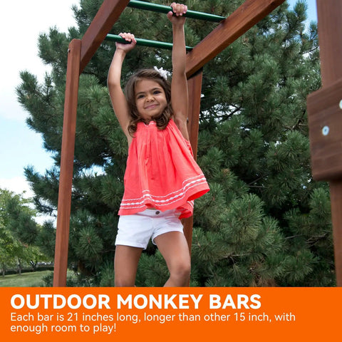 Child playing on 21 Inch Monkey Bars Kit Playground Rungs For Backyard And Indoor Outdoor Use 12 Pcs Metal Monkey Bars Set Green Sturdy Steel Build Supports Up To 300 Lbs Easy Install Playset Accessory in backyard.