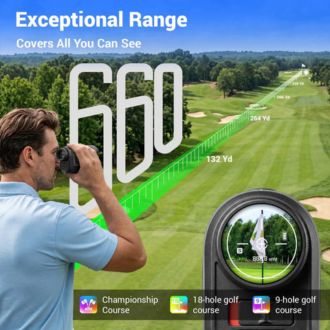 Golf Rangefinder With Slope And Magnetic Mount Pro Grade Distance Meter For Golfers IP54 Durable Build Anti Shake Ergonomic Design Rechargeable Battery Easy grip, golfer using it on course