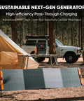 Explorer 1000 V2 Portable Power Station 1070Wh LiFePO4 Battery connected to solar panels in a camping setup with tent and vehicle.
