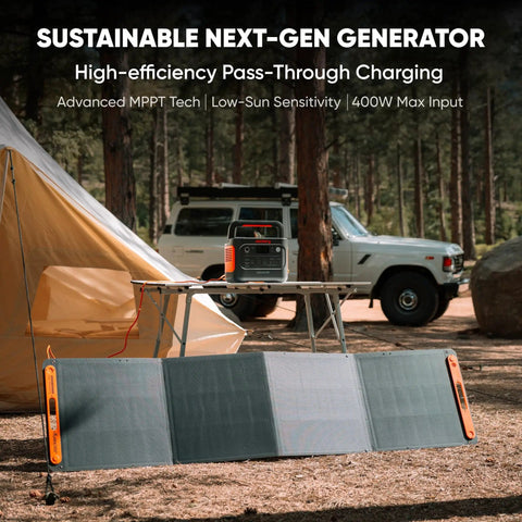 Explorer 1000 V2 Portable Power Station 1070Wh LiFePO4 Battery connected to solar panels in a camping setup with tent and vehicle.