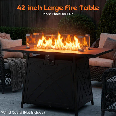 42 inch large black propane fire pit table with flames, perfect for backyard patio gatherings and cozy outdoor hangouts any night