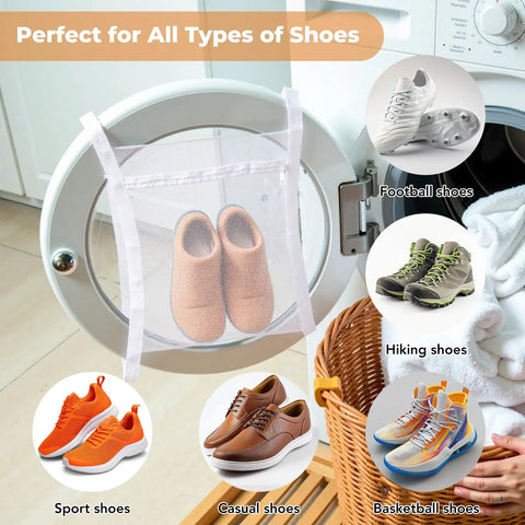 Large Shoe Dryer Bag For Sneakers With Zipper And Strap 15.7x15.7 Inch in dryer with various shoe types shown nearby