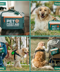 Rhino Rescue Pet First Aid Kit in green fabric with orange zipper for dogs and cats; for home, hiking, camping, travel.
