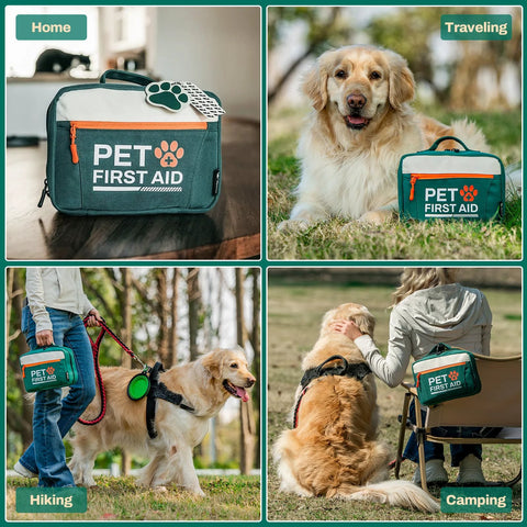 Rhino Rescue Pet First Aid Kit in green fabric with orange zipper for dogs and cats; for home, hiking, camping, travel.