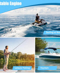Collage with surfing, fishing, and boating; showcasing uses for 6HP 4-Stroke Outboard Motor For Small Boats, 140cc Short Shaft With Tiller