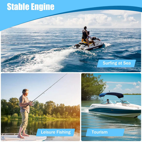 Collage with surfing, fishing, and boating; showcasing uses for 6HP 4-Stroke Outboard Motor For Small Boats, 140cc Short Shaft With Tiller