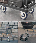 Collage showing a cart with blue abrasion-resistant polyurethane core wheels and a shopping cart with double ball bearing TPU silent casters installed.