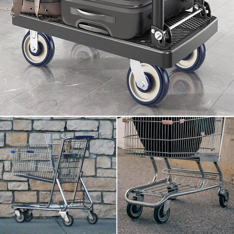 Collage showing a cart with blue abrasion-resistant polyurethane core wheels and a shopping cart with double ball bearing TPU silent casters installed.