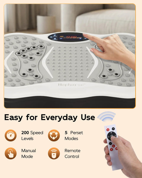Light gray vibration plate exercise machine with control panel and hand remote, 200 speeds for lymphatic drainage and workouts at home