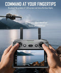 Hands holding a controller and 5-inch LCD, piloting Foldable Drone With 4K Camera For Adults And Beginners, FPV RC Quadcopter.
