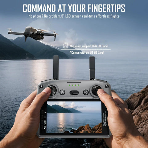 Hands holding a controller and 5-inch LCD, piloting Foldable Drone With 4K Camera For Adults And Beginners, FPV RC Quadcopter.