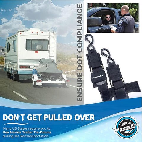 Image of RV towing a jet ski using 4 Pack Transom Tie Down Straps For Boat Trailer, 24 Inch Adjustable Tie Downs For PWC And Pontoon.