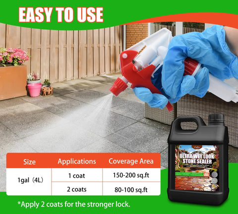 Person using spray nozzle on concrete with Top Shelf Wet Look Stone Sealer One Gallon Ultra Gloss Paver And Concrete Coating.