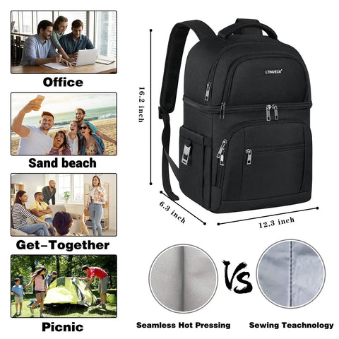 Insulated Cooler Backpack With Leakproof Dual Deck Design For Men And Women RFID Lunch Backpack next to activity images