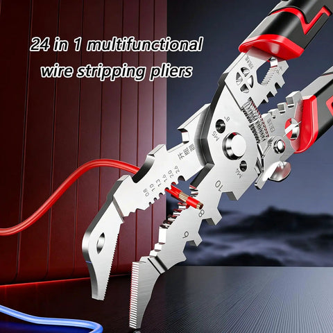 Pro Grade Wire Stripper and Crimping Pliers Kit for Electricians, Heavy Duty Cable Cutter close-up cutting red wire