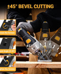 Heavy Hitting 6.7 Amp Corded Jigsaw Slays Through Hardwood And Steel, featuring ±45° bevel cutting angle adjustments.