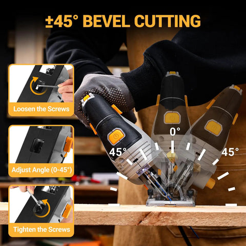 Heavy Hitting 6.7 Amp Corded Jigsaw Slays Through Hardwood And Steel, featuring ±45° bevel cutting angle adjustments.
