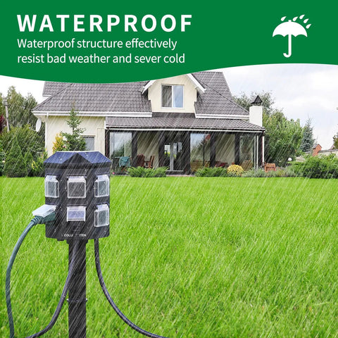 Tough As Nails 24 Hour Mechanical Outdoor Timer With Six Grounded Outlets and Six Foot Extension Cord in rain-soaked lawn.
