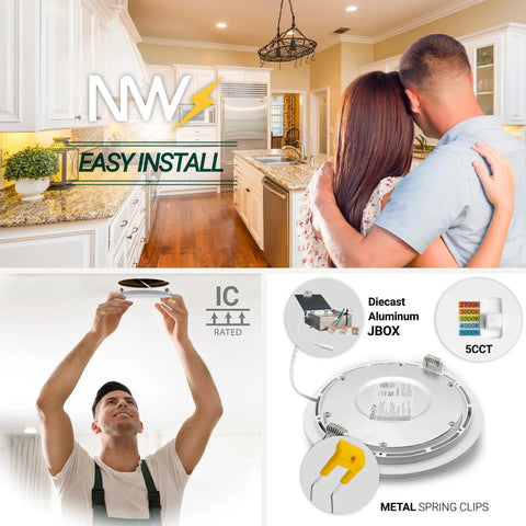 Home installation of 4 Inch Gimbal LED Recessed Light Canless Eyeball LED Fixture With 5 CCT Selectable 630 Lumen shown in kitchen