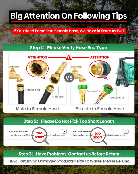Diagram showing hose connections with emphasis on verifying male and female hose ends and choosing correct hose length.