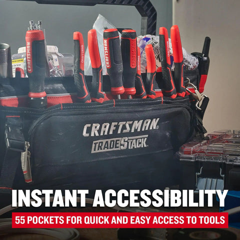 TradeStack Tool Bag With Wide Opening Dual Sided Access showcasing 55 pockets filled with tools for accessibility