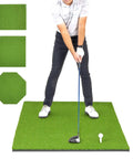 Pro Golf Hitting Mat 5 X 3 Ft with 5mm artificial turf shown in use by golfer, includes durable EVA foam base and 3 rubber tees.