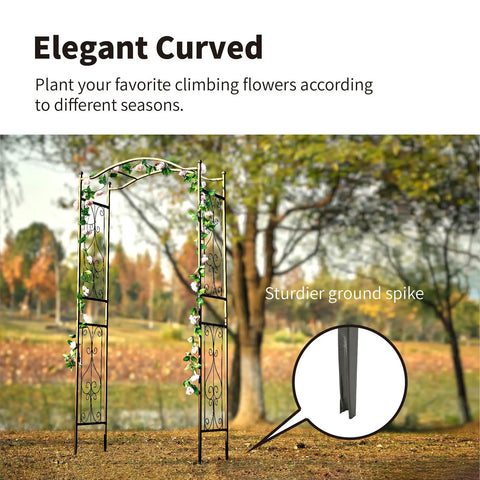 Go To Garden Arch For Climbing Plants Sturdy Metal Iron Frame With Decorative Wire Lattice Weatherproof And Rust Resistant Easy Assembly And Portable Tall 92 Inch High By 44 Inch Wide In Classic Black Finish in garden setting with flowers and close-up of ground spike detail
