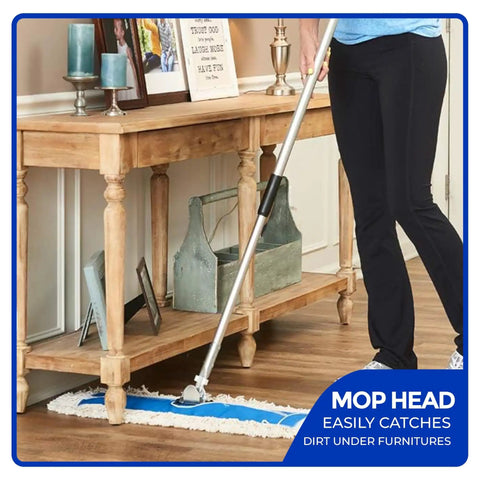 Person using an Industrial-Grade Cotton Dust Mop Head Refills 24x5 Replacement for Busy Homes Gyms Offices and Commercial Spaces Go-To Heavy-Duty Mop Heads for Janitorial and Housekeeping 2 Pack to clean hardwood floor under a wooden console table
