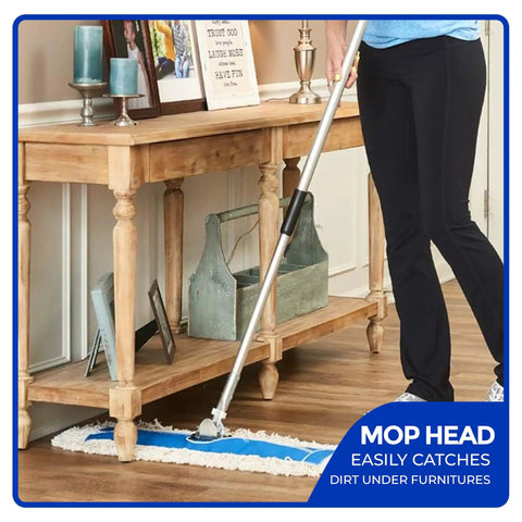Top Shelf 24 Inch Cotton Dust Mop Kit With Heavy Duty Aluminum Handle being used for easy sweeping under furniture.