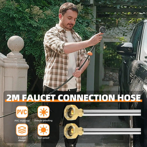 Man using Retractable Garden Hose Reel Half-Inch By 82 Feet With 7 Function Sprayer Nozzle outdoors