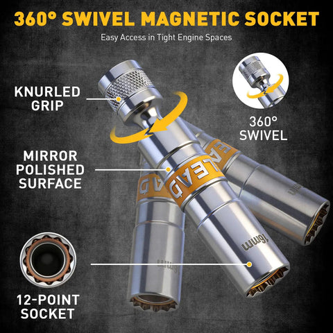 All In One Pro Grade Spark Plug Socket Set With Three Eighths Inch Drive Magnetic Swivel Sockets And Torque Wrench showing 360 swivel feature
