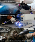 Person using Desiccant Air Dryer System With Filter For Pneumatic Tools And HVLP Paint Guns Keeps Oil Water And Moisture Outta Your Lines Three Eighth Inch NPT Fittings Delivers Twenty Two CFM At Up To One Hundred Fifty PSI For Clean Compressed Air in auto painting, plasma cutting, and tool maintenance.