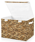 Collapsible Storage Bin With Flip Top Lid And Carry Handles For Bedroom Organization Straight Up Solid 300D Oxford Fabric Crate Folds Flat Quick Zero Drama in tiger print with lid open.