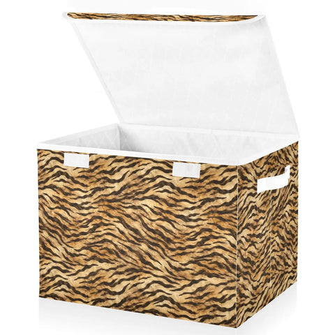 Collapsible Storage Bin With Flip Top Lid And Carry Handles For Bedroom Organization Straight Up Solid 300D Oxford Fabric Crate Folds Flat Quick Zero Drama in tiger print with lid open.