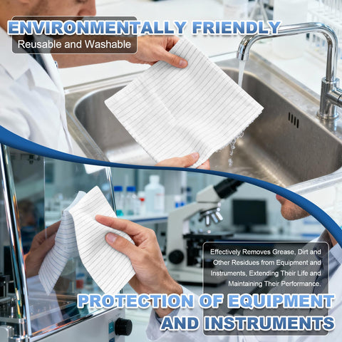 Person using Anti Static Microfiber Wipes 9 By 9 Inches 50 Pcs Lint Free Reusable Cloths for washing electronics and lab equipment