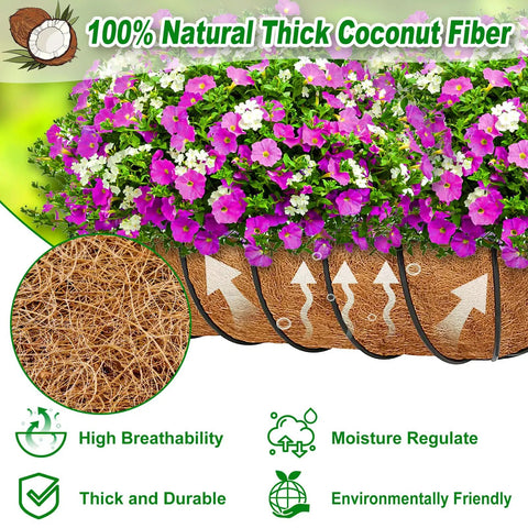 All Natural Coconut Fiber Planter Liners For 24 Inch Pots, 2 Pack, filled with vibrant flowers showing drainage and airflow design