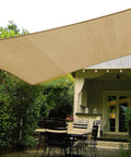 10x10 Foot Sand Shade Sail With Curved Canopy 185GSM Permeable HDPE Fabric Blocks 95 Percent UV Rays Breathable Patio Deck Backyard Shade Solution With Stainless Steel D Rings Custom Sizes Available installed over a patio area.
