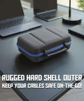 Heavy Duty Hard Shell Electronics Organizer Travel Case With Adjustable Cable Dividers And Zipper Pouches For Secure Charger Cord Stashing on desk.