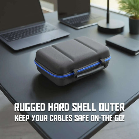 Heavy Duty Hard Shell Electronics Organizer Travel Case With Adjustable Cable Dividers And Zipper Pouches For Secure Charger Cord Stashing on desk.