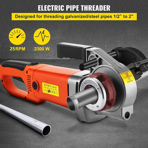 Badass Heavy Duty Electric Pipe Threader Kit With 2300w Pure Copper Motor and 6 Precision Dies for Rock Solid Half Inch To Two Inch Pipe Threading Handheld Plumbing Tool Set, showing 2300W motor and steel pipe.