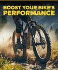 Cyclist riding mountain bike on dirt trail showing dust cloud and text overlay 'Boost Your Bike's Performance'