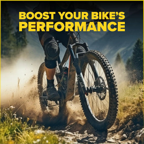 Cyclist riding mountain bike on dirt trail showing dust cloud and text overlay 'Boost Your Bike's Performance'