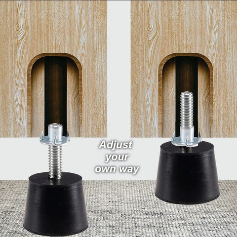 Kick It Up With Dead Simple M6 Thread Furniture Leveling Feet Screw In Adjustable Glides showing black rubber pads and threaded screws.