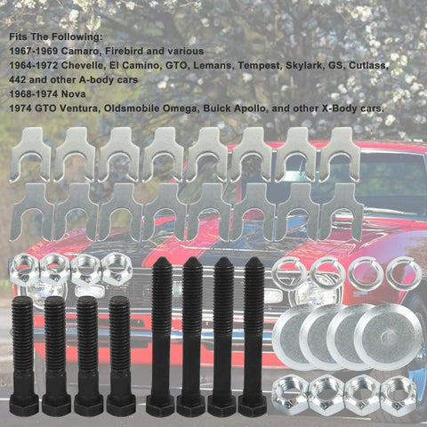 Upper And Lower Control Arm Bolt Kit With Nuts For Classic GM A Body Cars Including Camaro Chevelle Nova Firebird GTO Lemans Tempest Skylark El Camino 1964 Through 1974 Perfect Fit For Restorations And Performance Upgrades with car background